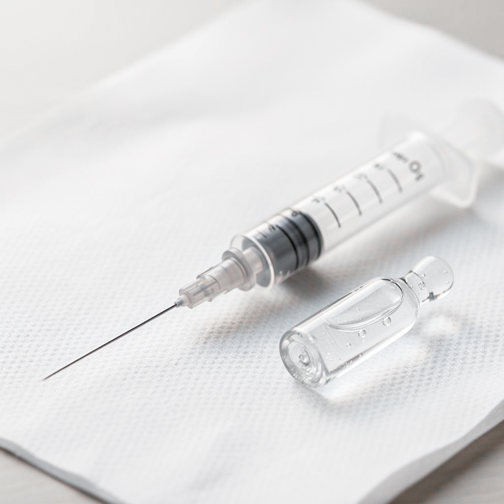 Dermatologische Spritze mit Hyaluron-Ampulle auf sterilem Tuch